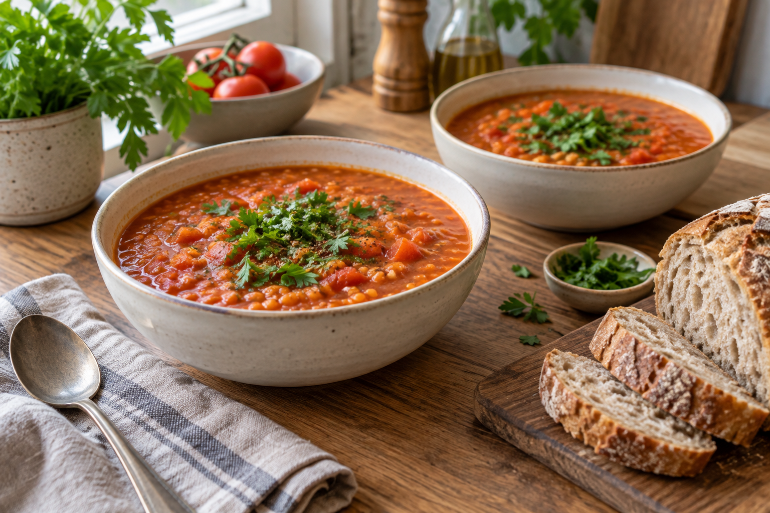 Illustrative image: Bowls of red lentil tomato soup with bread
