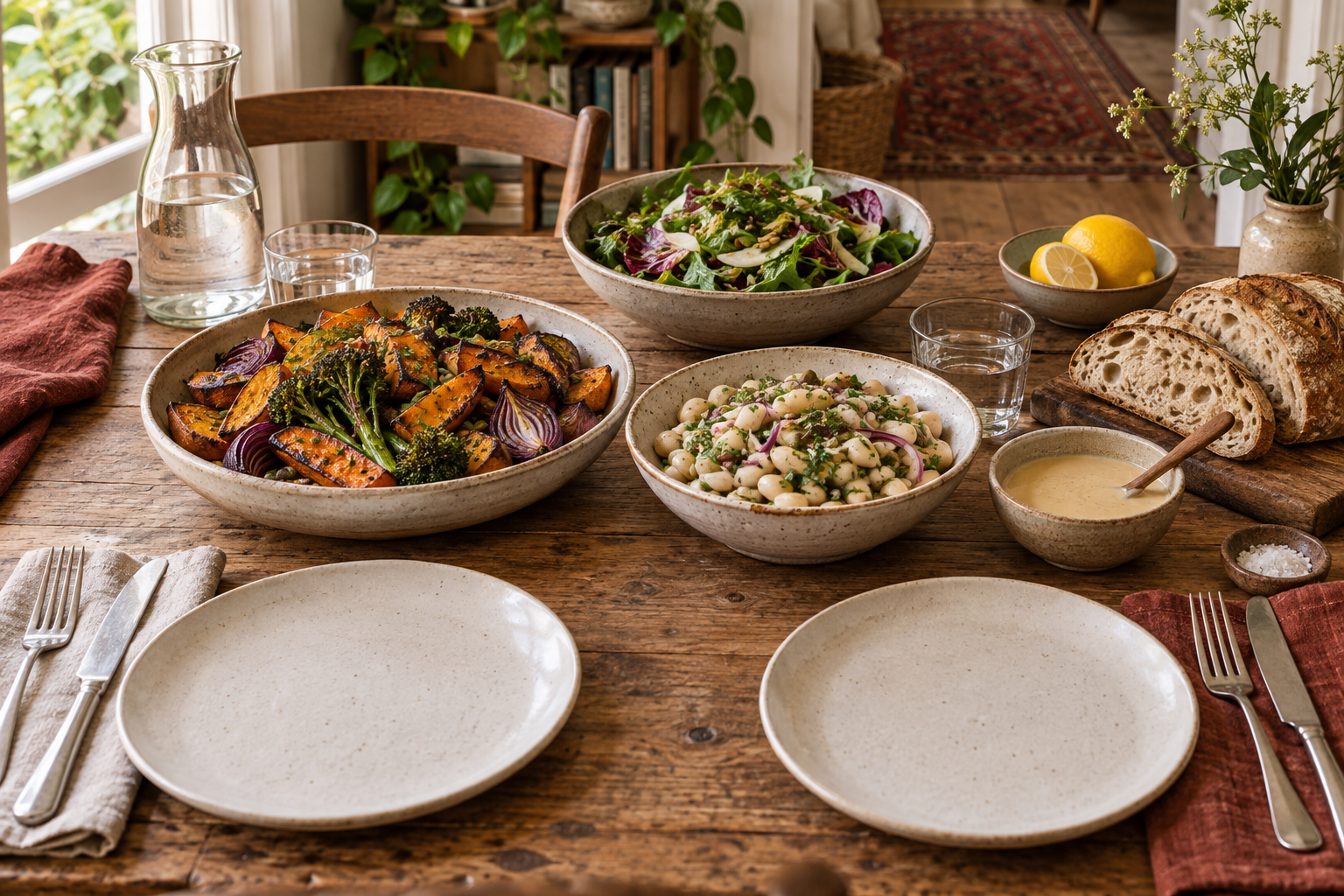 Illustrative image: A shared plant-based supper with vegetables, white beans, salad and bread