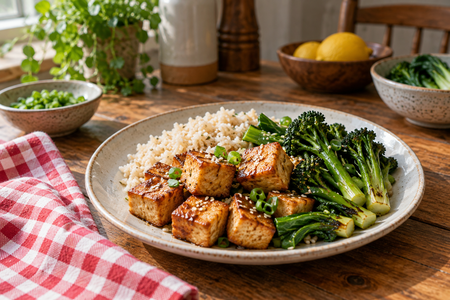 Illustrative image: Golden tofu cubes with rice and green vegetables